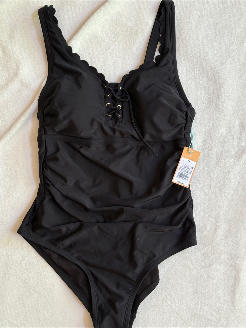 Kona Sol Black Lace-Up Scallop One-Piece Swimsuit
